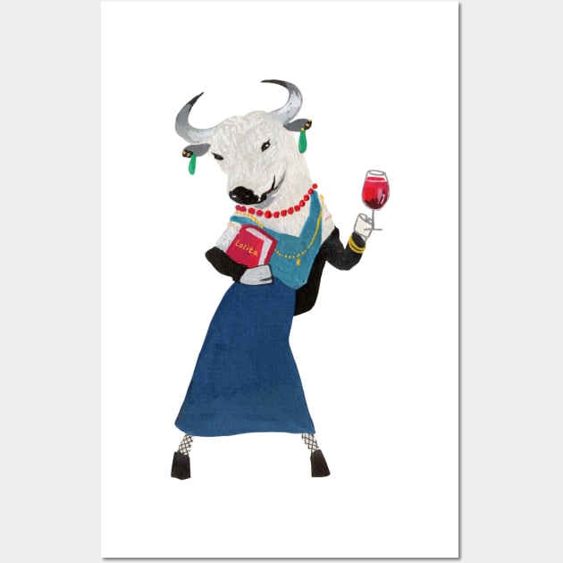 Lady Bull with a glass of wine and Lolita book Wall Art by argiropulo